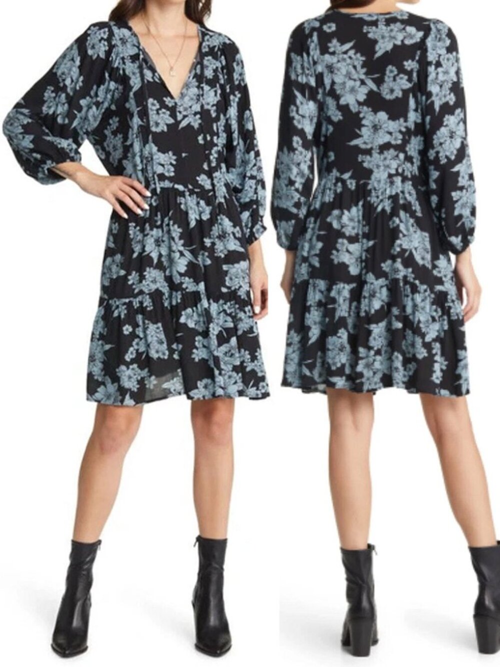 Treasure and Bond Nordstrom Tie Neck Shift Dress M Black Blue Floral $69 Boho